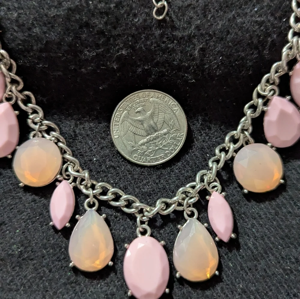 Silver Tone Pastel Pink and Cream Rhinestone Statement Necklace